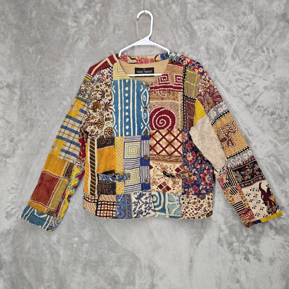 Sacred Threads Women's Medium Large Patchwork Jacket Artsy Boho Pockets Cotton‎